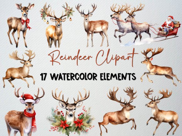 Download Watercolor Reindeer Clipart Set, 17 PNG - Deer Collection
