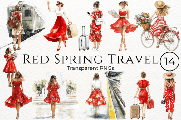 Download Red Spring Travel Watercolor Cliparts - Spring Collection