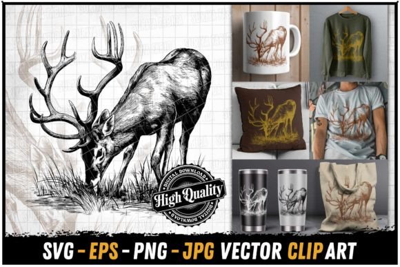 Download Vintage Handrawn Deer Eating Grass SVG - Deer Collection